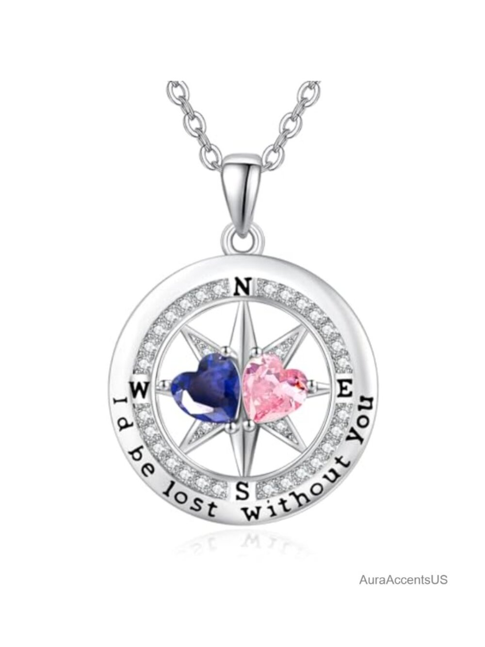 White Gold Plated Compass Birthstone Pendant Necklace 18+2" Anniversary Gift